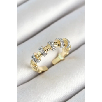 Pirinç Sıralı Daire Figürlü Zirkon Taşlı Gold Renk Ayarlanabilir Kadın Yüzük