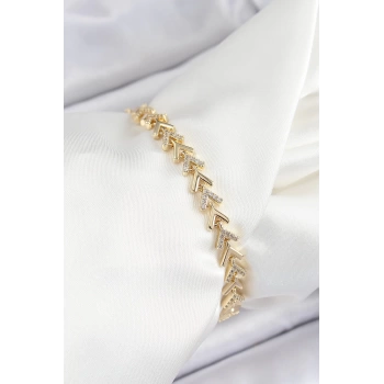 Pirinç Sıralı Ok Model Zirkon Taşlı Gold Renk VİP Seri Kadın Bileklik