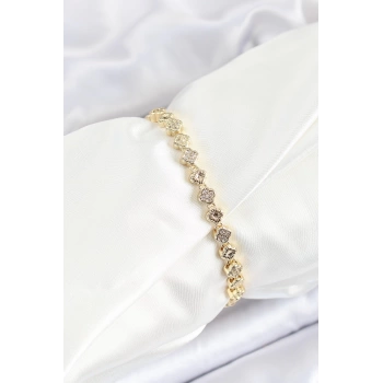 Pirinç Yonca Model Zirkon Taşlı Gold Renk VİP Seri Kadın Bileklik