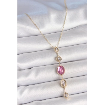 Pirinç Zincir Gold Renk Pembe Zirkon Taşlı Y Kolye