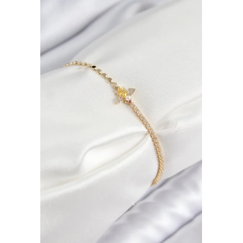 Pirinç Zirkon Taşlı Arı Model Ezme Zincir Gold Renk Kadın Bileklik