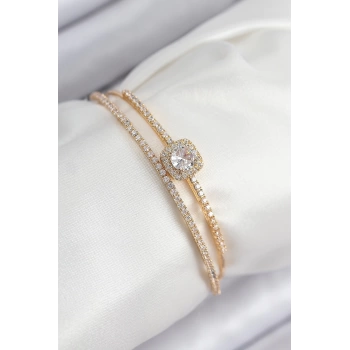 Pirinç Zirkon Taşlı Baget Model Gold Renk Kadın Bileklik