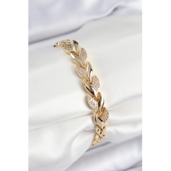 Pirinç Zirkon Taşlı Balık Kuyruğu Model Gold Renk Kadın Bileklik