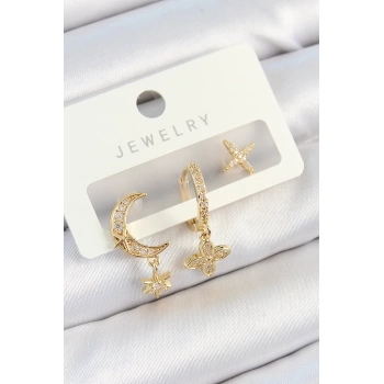 Pirinç Zirkon Taşlı Çiçek Ve Ay Model Gold Renk 3lü Çift Kadın Küpe Set
