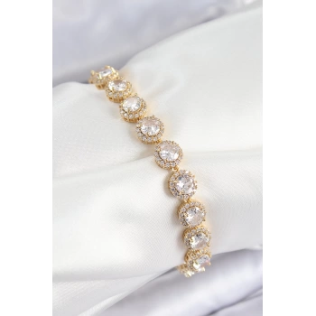 Pirinç Zirkon Taşlı Daire Baget Model Gold Renk VIP Seri Kadın Bileklik