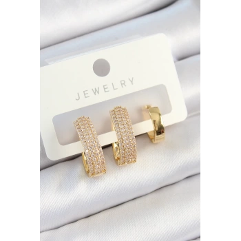 Pirinç Zirkon Taşlı Damla Model Gold Renk 3lü Çift Kadın Küpe Set