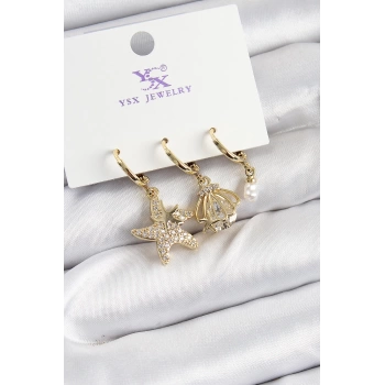 Pirinç Zİrkon Taşlı Deniz Yıldızı Ve İstiridye Model Gold Renk 3lü Kadın Küpe