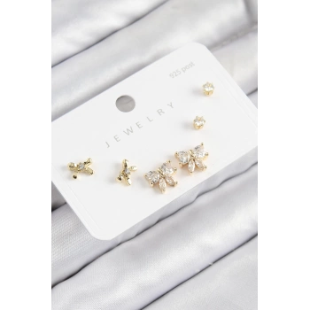 Pirinç Zirkon Taşlı Fiyonk Model Gold Renk 925 Ayar Gümüş Çivi Kadın Küpe Set