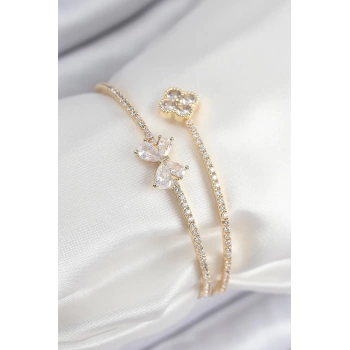 Pirinç Zirkon Taşlı Fiyonk Ve Yonca Model Gold Renk Kadın Bileklik