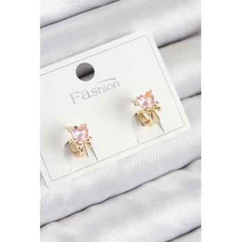 Pirinç Zirkon Taşlı Fiyonklu Kalp Model Gold Renk Çocuk Küpe