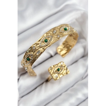 Pirinç Zirkon Taşlı Göz Model Gold Renk Bileklik Yüzük Set