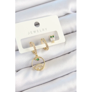 Pirinç Zirkon Taşlı Göz Ve Baykuş Model Gold Renk 3lü Çift Kadın Küpe Set