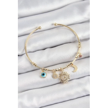 Pirinç Zirkon Taşlı Güneş Ay Nazar Model Gold Renk Charm Bileklik