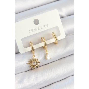 Pirinç Zirkon Taşlı Güneş Model Gold Renk 3lü Çift Kadın Küpe Set