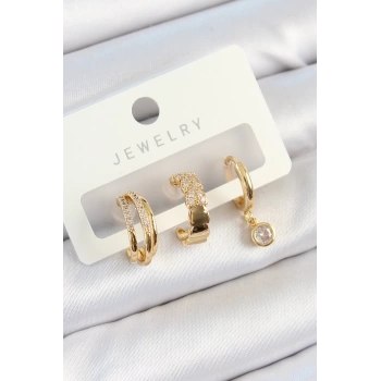 Pirinç Zirkon Taşlı Halka Model Gold Renk 3lü Çift Kadın Küpe Set