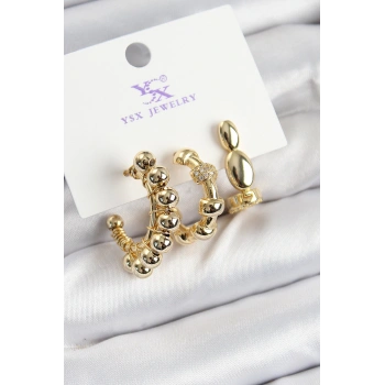 Pirinç Zİrkon Taşlı Halka Model Gold Renk 3lü Kadın Küpe