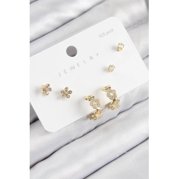Pirinç Zirkon Taşlı Halka Model Gold Renk 925 Ayar Gümüş Çivi Kadın Küpe Set