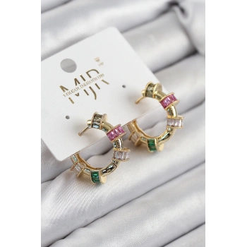 Pirinç Zirkon Taşlı Halka Model Gold Renk Kadın Küpe