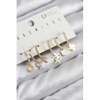 Pirinç Zirkon Taşlı Hello Kity Ve Yonca Model Gold Renk 6lı Küpe Set