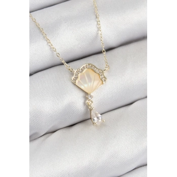 Pirinç Zirkon Taşlı İstiridye Model Gold Renk Kadın Kolye