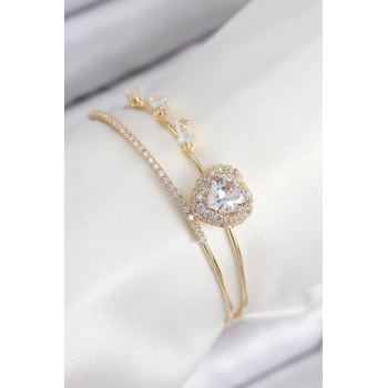 Pirinç Zirkon Taşlı Kalp Model Gold Renk Kadın Bileklik