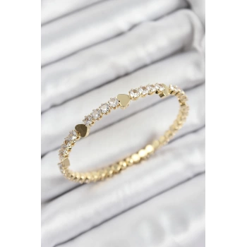 Pirinç Zirkon Taşlı Kalp Model Gold Renk Yaylı Kadın Bileklik