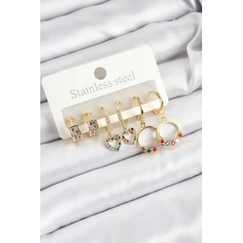 Pirinç Zirkon Taşlı Kalp Ve Halka Model Gold Renk 6lı Set Kadın Küpe