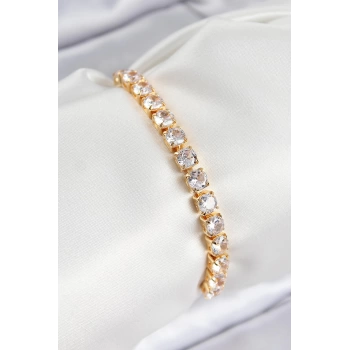 Pirinç Zirkon Taşlı Kare Model Gold Renk Asansörlü Kadın Bileklik