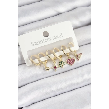 Pirinç Zirkon Taşlı Karpuz Yonca Kalp Pusula Karışık Model Gold Renk 6lı Set Kadın Küpe