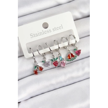 Pirinç Zirkon Taşlı Karpuz Yonca Kalp Pusula Karışık Model Gümüş Renk 6lı Set Kadın Küpe