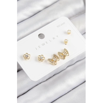 Pirinç Zirkon Taşlı Kelebek Model Gold Renk 925 Ayar Gümüş Çivi Kadın Küpe Set