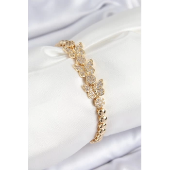 Pirinç Zirkon Taşlı Kelebek Model Gold Renk Kadın Bileklik