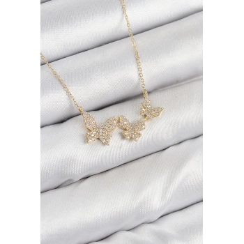 Pirinç Zirkon Taşlı Kelebek Model Gold Renk Kadın Kolye