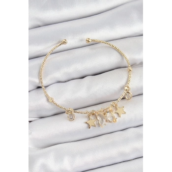 Pirinç Zirkon Taşlı Kelebek Ve Yıldız Model Gold Renk Charm Bileklik