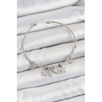 Pirinç Zirkon Taşlı Kelebek Ve Yıldız Model Gümüş Renk Charm Bileklik