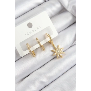 Pirinç Zirkon Taşlı Kutup Yıldızı Model Gold Renk 3lü Set Kadın Küpe