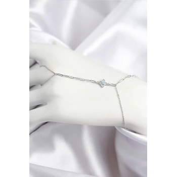 Pirinç Zirkon Taşlı Mavi Boncuklu Yonca Model Gümüş Renk Şahmeran