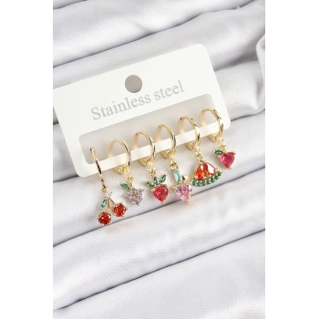 Pirinç Zirkon Taşlı Meyve Temalı Karışık Model Gold Renk 6lı Set Kadın Küpe