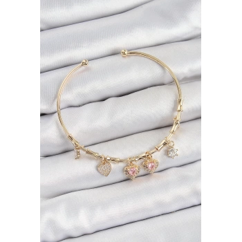 Pirinç Zirkon Taşlı Pembe Kalp Model Gold Renk Charm Bileklik