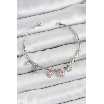 Pirinç Zirkon Taşlı Pembe Kalp Model Gümüş Renk Charm Bileklik
