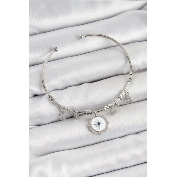 Pirinç Zirkon Taşlı Pusula Model Gümüş Renk Charm Bileklik