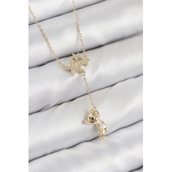 Pirinç Zirkon Taşlı Sallantılı Ayıcıklı Yıldız Model Gold Renk Kadın Kolye