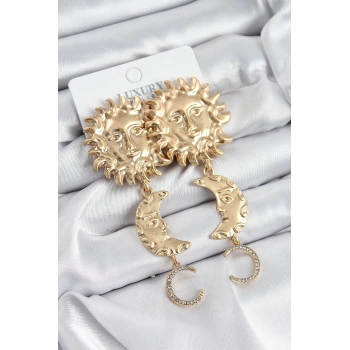 Pirinç Zirkon Taşlı Sallantılı Güneş Model Gold Renk Kadın Küpe