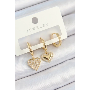 Pirinç Zirkon Taşlı Sallantılı Kalp Model Gold Renk 3lü Çift Kadın Küpe Set