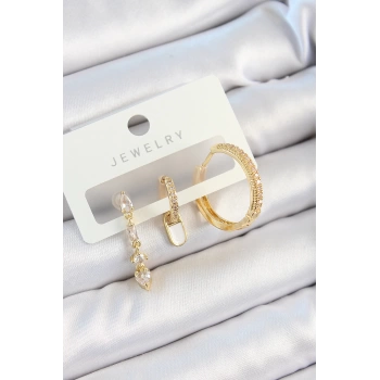 Pirinç Zirkon Taşlı Sallantılı Model Gold Renk 3lü Çift Kadın Küpe Set