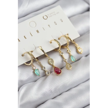 Pirinç Zirkon Taşlı Sallantılı Model Gold Renk 6lı Küpe Set