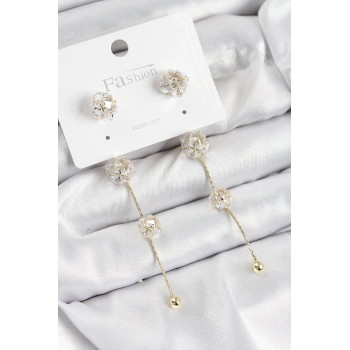 Pirinç Zirkon Taşlı Sallantılı  Model Gold Renk 925 Ayar Gümüş Çivi Kadın Küpe