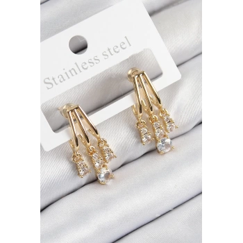 Pirinç Zirkon Taşlı Sallantılı Model Gold Renk Kadın Küpe
