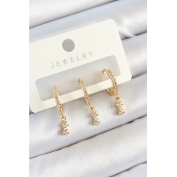 Pirinç Zirkon Taşlı Sallantılı Yıldız Model Gold Renk 3lü Çift Kadın Küpe Set