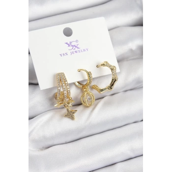 Pirinç Zİrkon Taşlı Sallantılı Yıldız Model Gold Renk 3lü Kadın Küpe